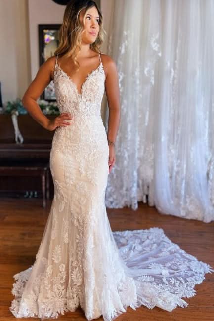 BMbride Mermaid Spaghetti Straps V-neck Backless Lace Wedding Dresses BMbride