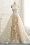 BMbride Mermaid \ Trumpet Jewel Neck Chapel Train Lace Tulle Lace Over Satin Regular Straps Formal See-Through Wedding Dresses BMbride