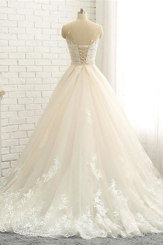 BMbride Mermaid \ Trumpet Jewel Neck Chapel Train Lace Tulle Lace Over Satin Regular Straps Formal See-Through Wedding Dresses BMbride