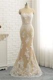 BMbride Mermaid \ Trumpet Jewel Neck Chapel Train Lace Tulle Lace Over Satin Regular Straps Formal See-Through Wedding Dresses BMbride