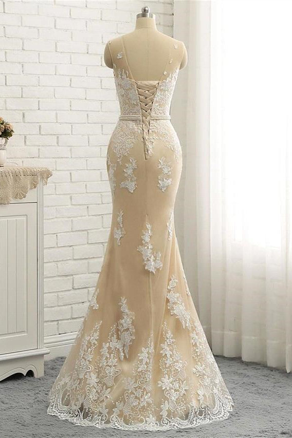 BMbride Mermaid \ Trumpet Jewel Neck Chapel Train Lace Tulle Lace Over Satin Regular Straps Formal See-Through Wedding Dresses BMbride