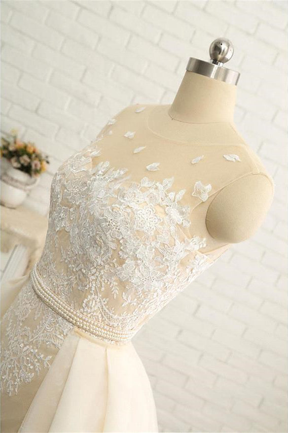 BMbride Mermaid \ Trumpet Jewel Neck Chapel Train Lace Tulle Lace Over Satin Regular Straps Formal See-Through Wedding Dresses BMbride