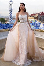 BMbride Mermaid \ Trumpet Jewel Neck Chapel Train Lace Tulle Lace Over Satin Regular Straps Formal See-Through Wedding Dresses BMbride