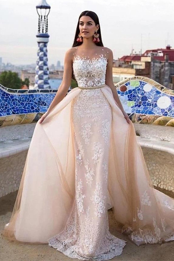 BMbride Mermaid \ Trumpet Jewel Neck Chapel Train Lace Tulle Lace Over Satin Regular Straps Formal See-Through Wedding Dresses BMbride