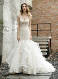 Mermaid Tulle Lace V-neck Chapel Train Wedding Dress with Appliques BMbride