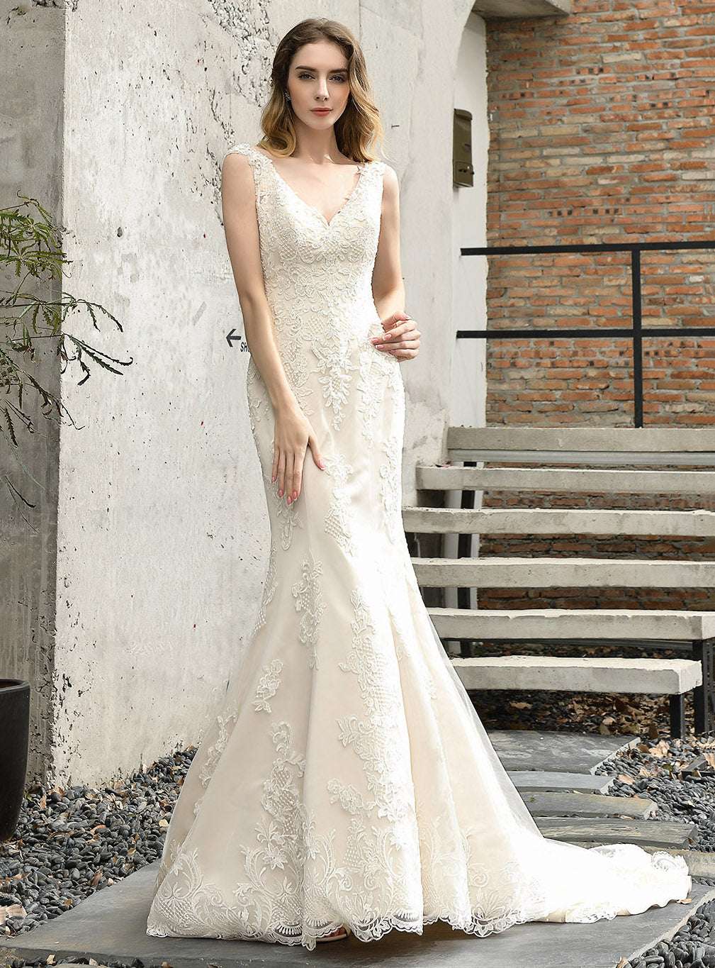 Mermaid V-Neck Lace Satin Chapel Train Wedding Dress BMbride
