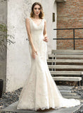 Mermaid V-Neck Lace Satin Chapel Train Wedding Dress BMbride
