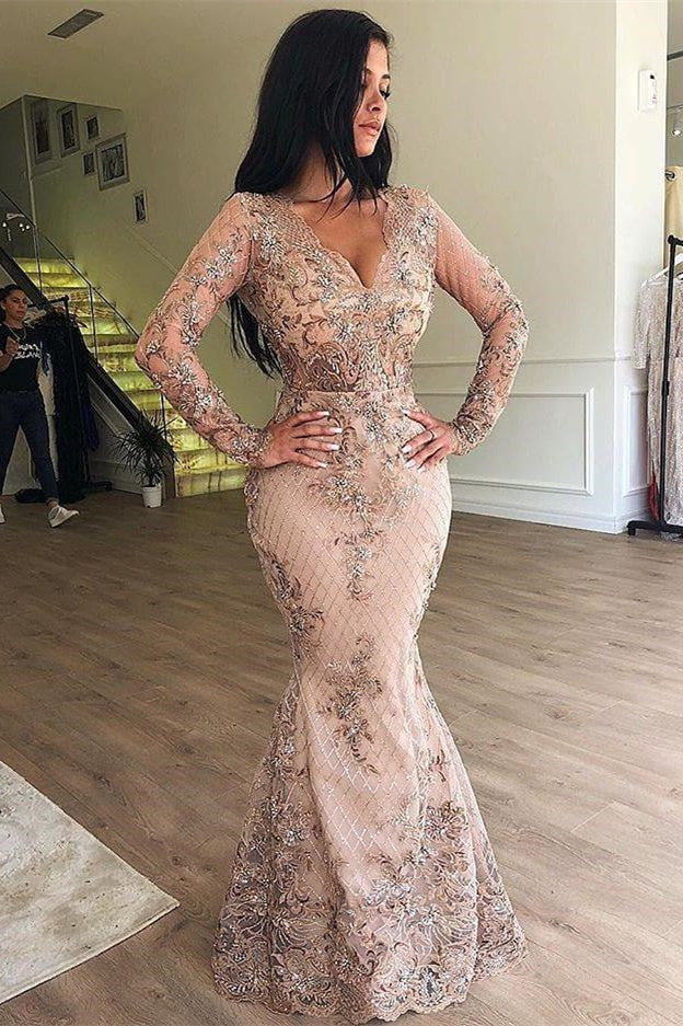 BMbride Mermaid V-neck Long Sleeves Appliqued Prom Dresses with Detachable Skirt BMbride