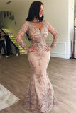 BMbride Mermaid V-neck Long Sleeves Appliqued Prom Dresses with Detachable Skirt BMbride
