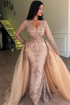 BMbride Mermaid V-neck Long Sleeves Appliqued Prom Dresses with Detachable Skirt BMbride