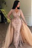 BMbride Mermaid V-neck Long Sleeves Appliqued Prom Dresses with Detachable Skirt BMbride