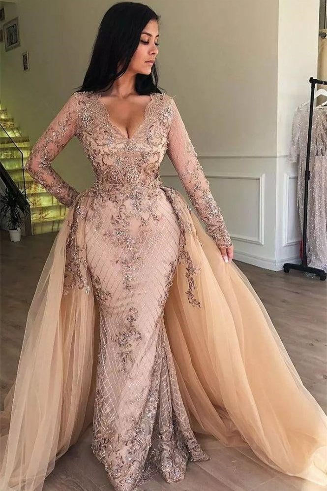 BMbride Mermaid V-neck Long Sleeves Appliqued Prom Dresses with Detachable Skirt BMbride