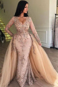 BMbride Mermaid V-neck Long Sleeves Appliqued Prom Dresses with Detachable Skirt BMbride