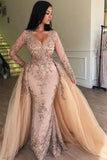 BMbride Mermaid V-neck Long Sleeves Appliqued Prom Dresses with Detachable Skirt BMbride