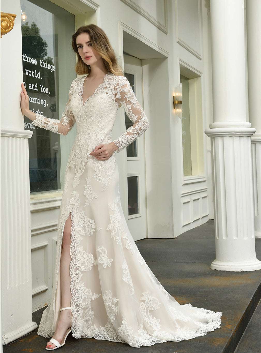 Mermaid V-neck Long Sleeves Front Slit Chapel Train Wedding Dress BMbride