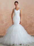 Mermaid V-Neck Tulle Sequins Cathedral Train Wedding Dress BMbride