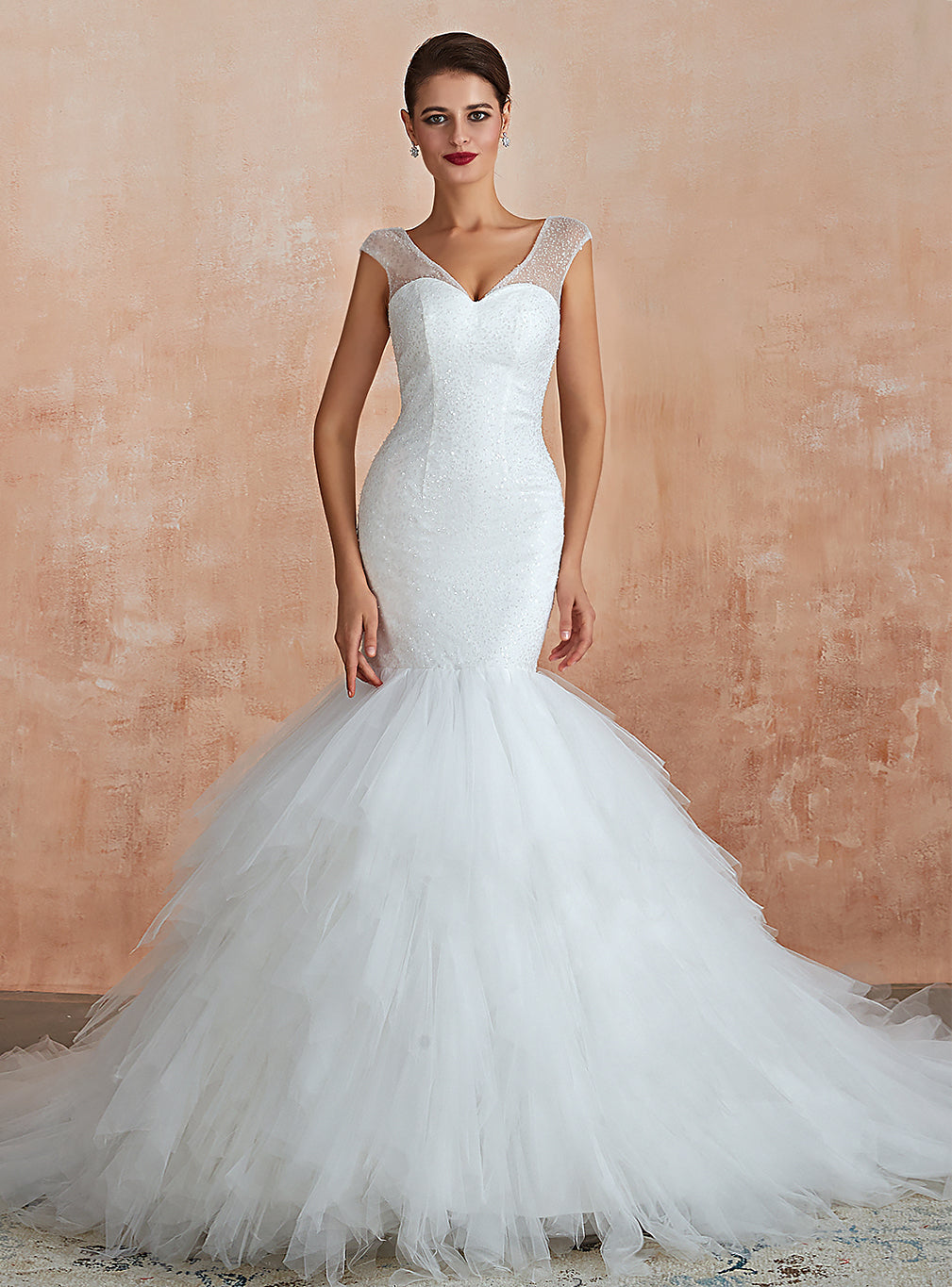 Mermaid V-Neck Tulle Sequins Cathedral Train Wedding Dress BMbride