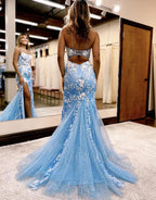 Delightful Mermaid Spaghetti Straps Lace Tulle Prom Dress with Slit BM bride