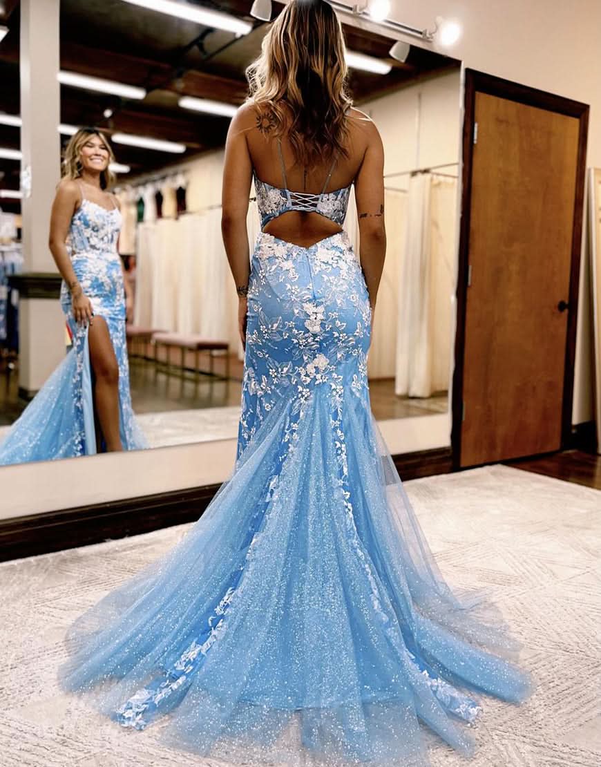 Delightful Mermaid Spaghetti Straps Lace Tulle Prom Dress with Slit BM bride