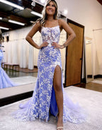 Delightful Mermaid Spaghetti Straps Lace Tulle Prom Dress with Slit BM bride