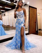 Delightful Mermaid Spaghetti Straps Lace Tulle Prom Dress with Slit BM bride