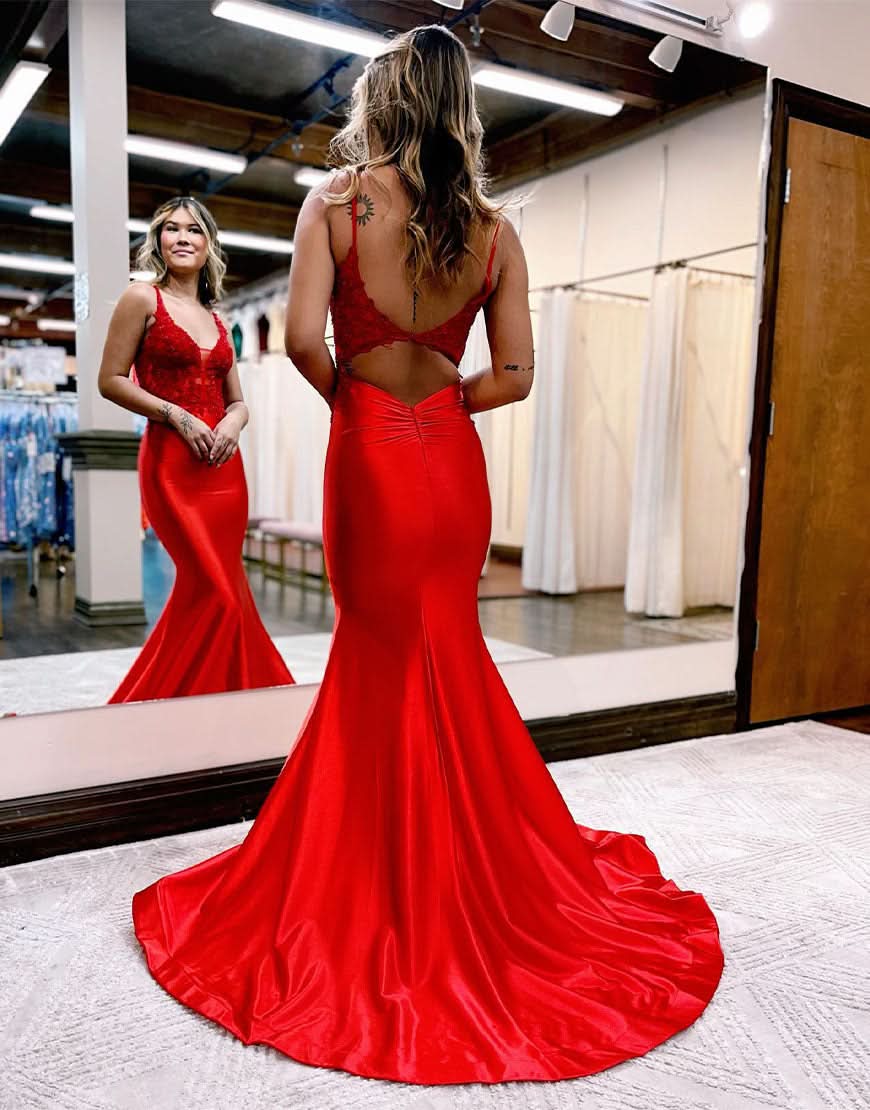 Elegant Mermaid Deep V Neck Satin Long Prom Dress with Appliques BM bride
