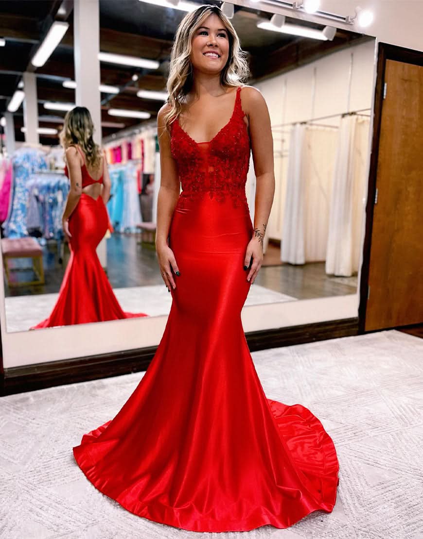 Elegant Mermaid Deep V Neck Satin Long Prom Dress with Appliques BM bride