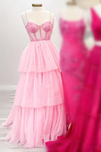 Enchanting Tiered Ruffle Sequin-Embroidery Corset Long Prom Gown BM bride