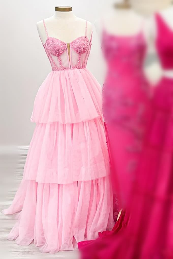 Enchanting Tiered Ruffle Sequin-Embroidery Corset Long Prom Gown BM bride