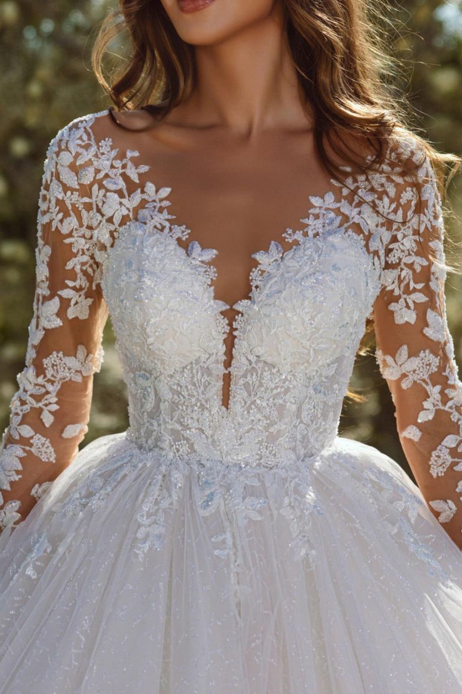 BMbride Modern A-line Lace Tulle Appliques Wedding Dress With Long Sleeves BMbride