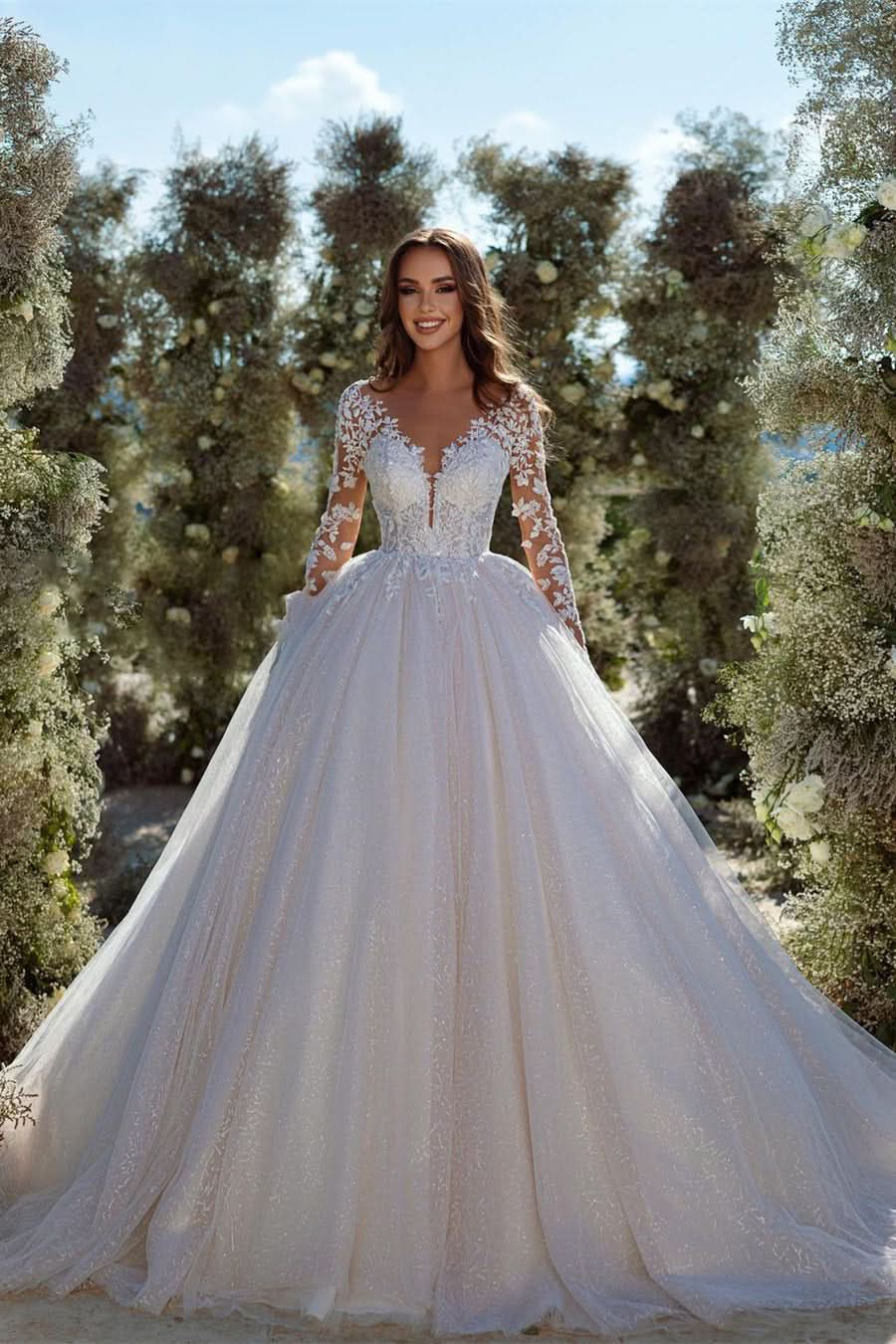 BMbride Modern A-line Lace Tulle Appliques Wedding Dress With Long Sleeves BMbride