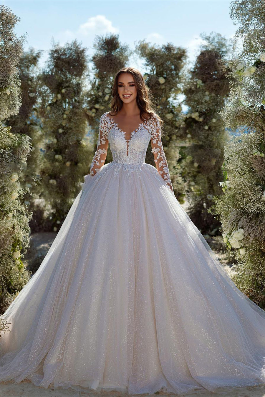 BMbride Modern A-line Lace Tulle Appliques Wedding Dress With Long Sleeves BMbride
