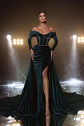 Modern Dark Green A-line Off-the-shoulder Long Sleeves Velvet Prom Dress with an Intriguing Slit BM bride