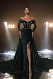 BMbride Modern Dark Green A-line Off-the-shoulder Long Sleeves Velvet Prom Dress With Slit BMbride