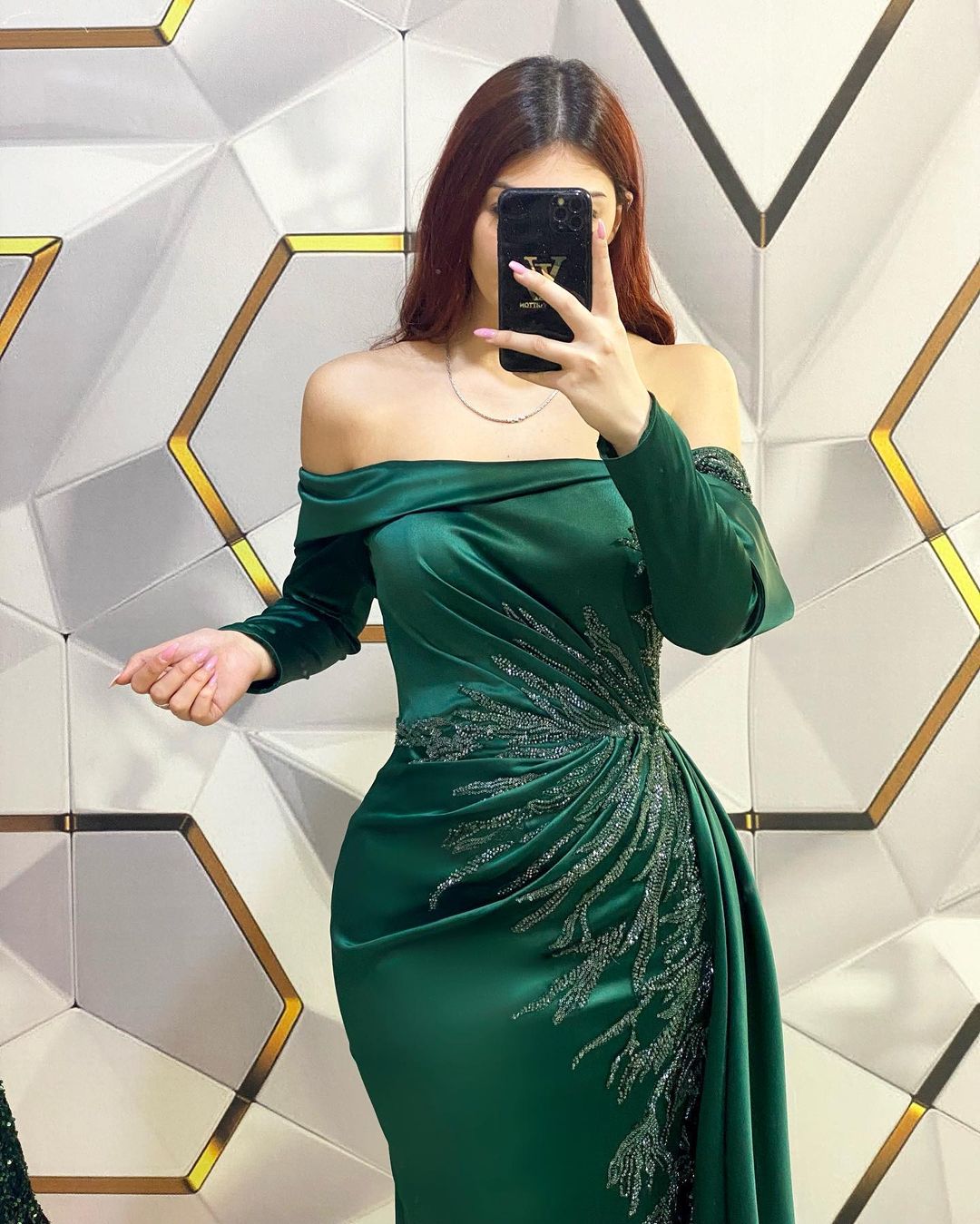 BMbride Modern Long Dark Green Mermaid Off-the-shoulder Lace Prom Dress With Long Sleeves BMbride