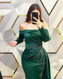 BMbride Modern Long Dark Green Mermaid Off-the-shoulder Lace Prom Dress With Long Sleeves BMbride