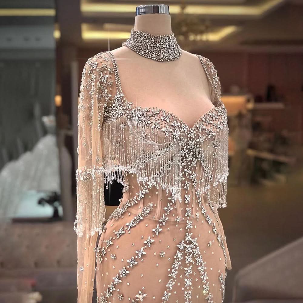 BMbride Modern Long Mermaid Beading Long Sleeves Prom Dress With Train BMbride
