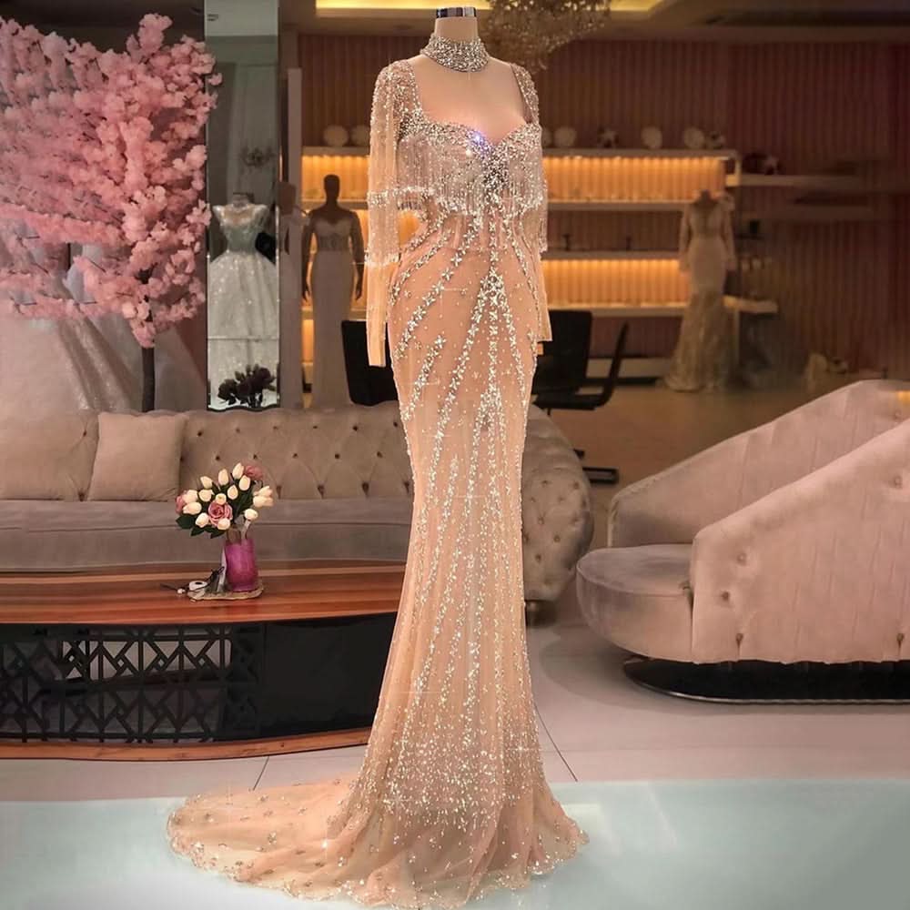 BMbride Modern Long Mermaid Beading Long Sleeves Prom Dress With Train BMbride