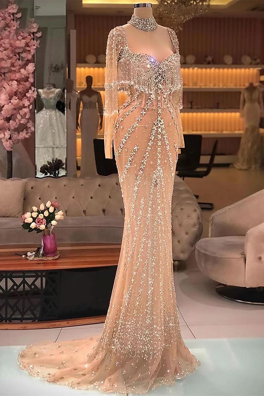 BMbride Modern Long Mermaid Beading Long Sleeves Prom Dress With Train BMbride