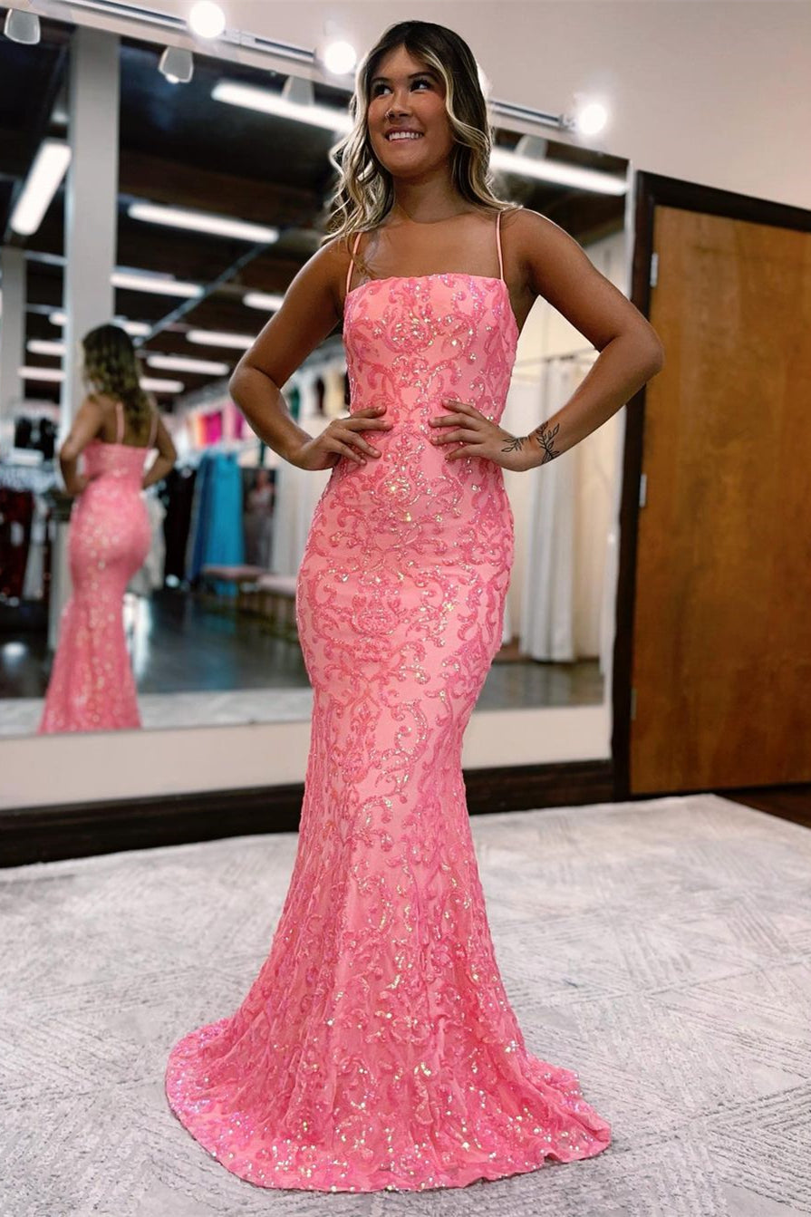 BMbride Modern Pink Long Spaghetti Straps Mermaid Prom Dress With Lace BMbride