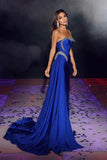 BMbride Modern Royal Blue One Shoulder Sequined Sleeveless Prom Dress With Slit BMbride