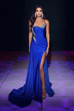BMbride Modern Royal Blue One Shoulder Sequined Sleeveless Prom Dress With Slit BMbride