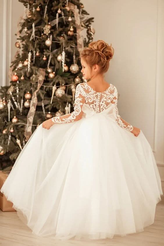 BMbride Modest Long Princess Tulle Lace Appliques flower girl dress with sleeves BMbride