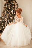 BMbride Modest Long Princess Tulle Lace Appliques flower girl dress with sleeves BMbride