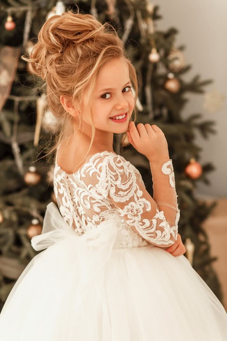 BMbride Modest Long Princess Tulle Lace Appliques flower girl dress with sleeves BMbride