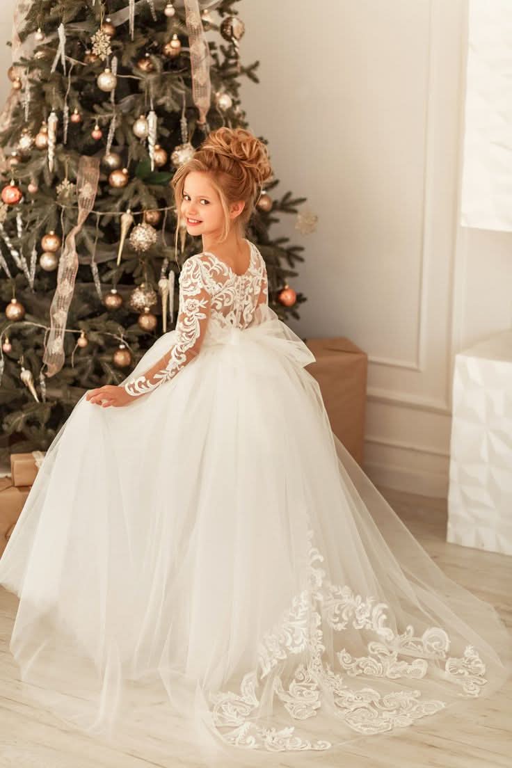 BMbride Modest Long Princess Tulle Lace Appliques flower girl dress with sleeves BMbride