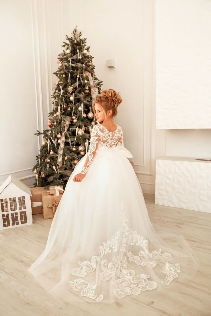 BMbride Modest Long Princess Tulle Lace Appliques flower girl dress with sleeves BMbride