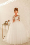 BMbride Modest Long Princess Tulle Lace Appliques flower girl dress with sleeves BMbride