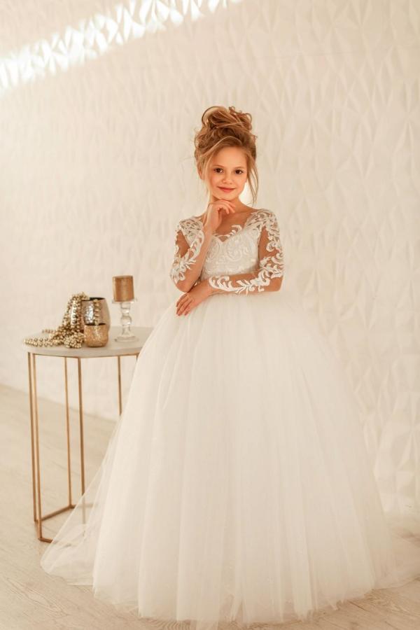 BMbride Modest Long Princess Tulle Lace Appliques flower girl dress with sleeves BMbride