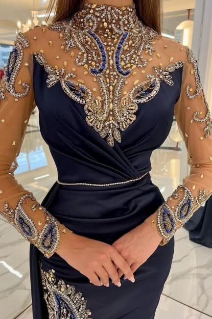 BMbride Navy Blue Long Glitter Evening Dresses Prom Dresses With Sleeves BMbride